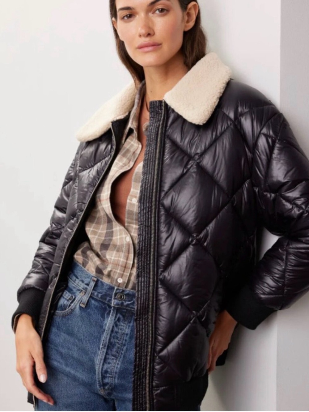 Rails Quilted Puffer Jacket with Cream Faux-Shearling Collar - Black